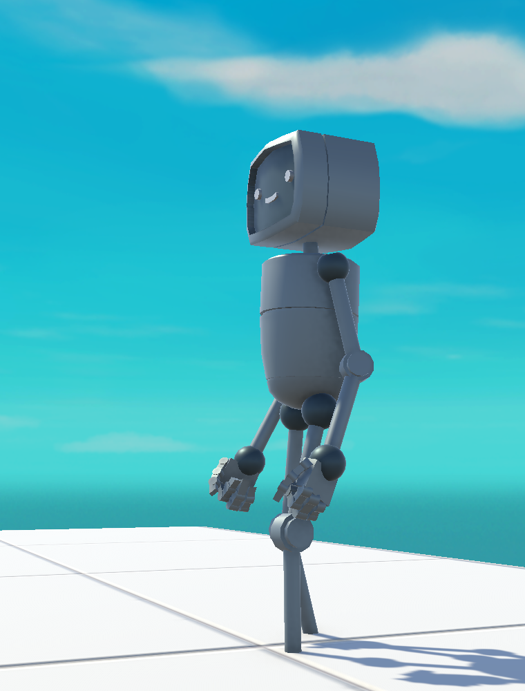 The robot character airborne with legs extended below it — the Jump / InAir state.