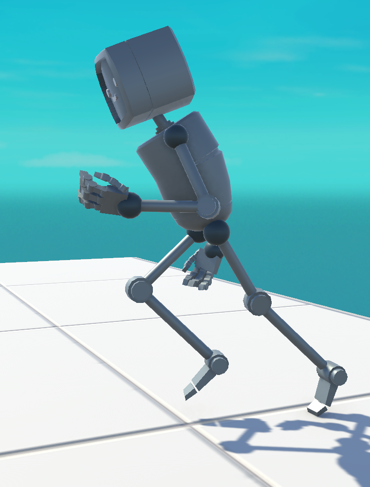 The robot character mid-stride, leaning forward with legs split and arms pumping — the Run state.