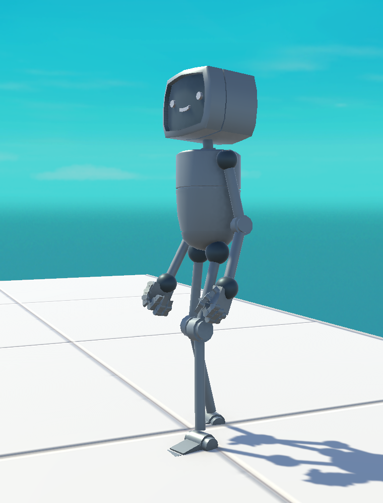 A real Unity render of the Timmy robot character walking, mid-stride with arms swinging, driven by the new Input System.