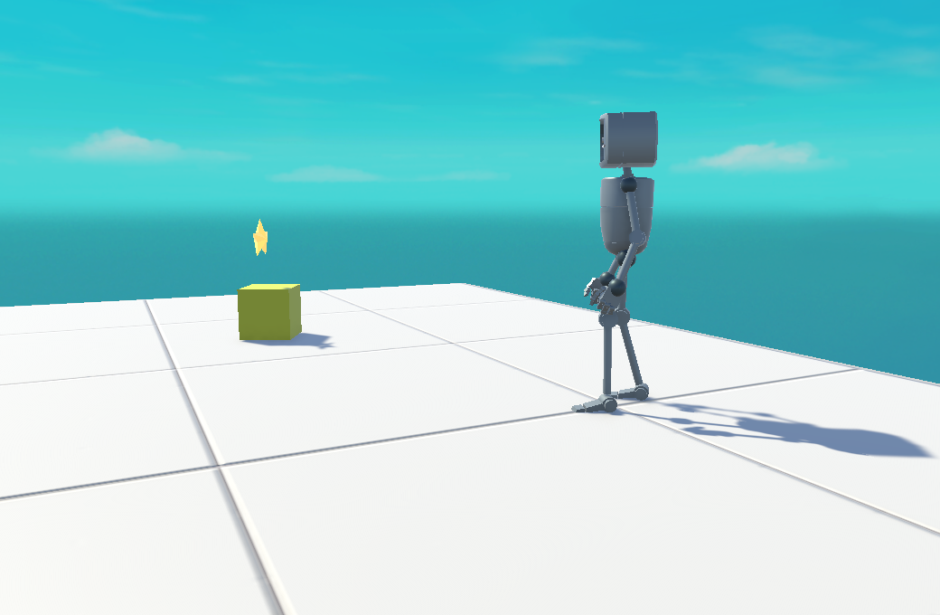 A real Unity render: the robot character and a box cast crisp shadows across a lit floor under a directional light, with a skybox horizon behind.